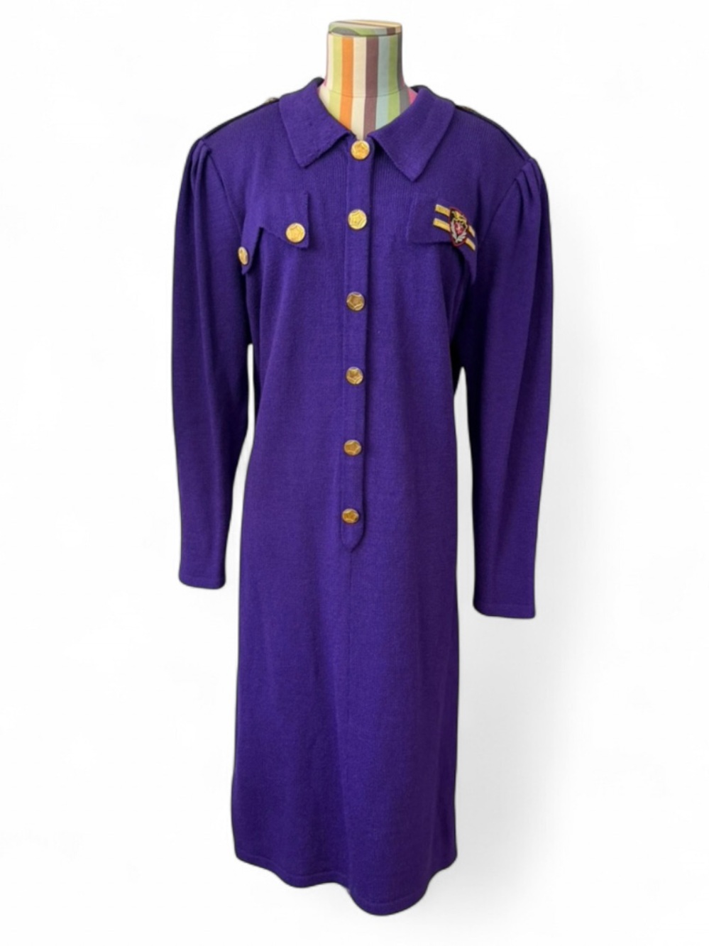 Vintage ADOLFO Saks Fifth Avenue Purple Knit Sweater Dress Gold Buttons